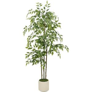 5ft Artificial Ficus Tree with Triple Trunk & White Planter Faux Ficus Tree | Lifelike Faux Ficus Tree with Natural Wood Trunks, Tall Fake Potted Plant for Indoor Living Room Home Office Corner Decor