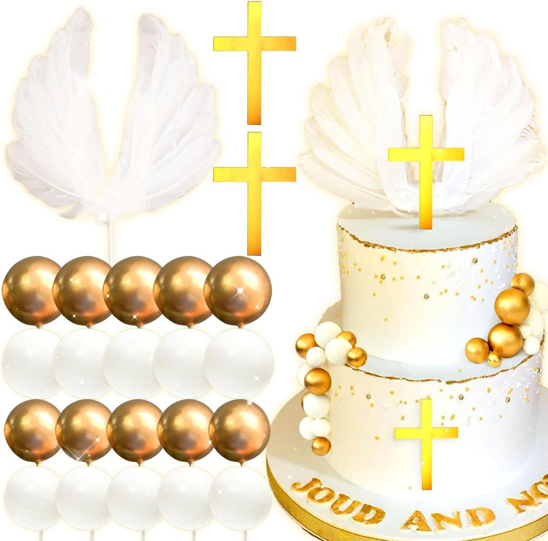 JeVenis Cross Cake Decoration - Baptism Angel Cake Decoration - Party Favors & Supplies (Gold)