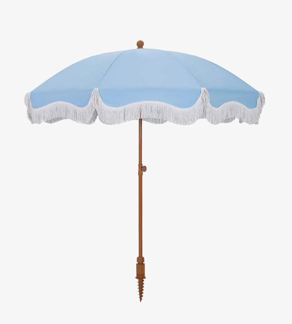 HERA'S PALACE 7ft Heavy Duty Beach Umbrella with Sand Anchor, Fringe Umbrella for Sand, UV 50+, Patio Umbrella with Tilt Pole for Garden Pool Backyard
