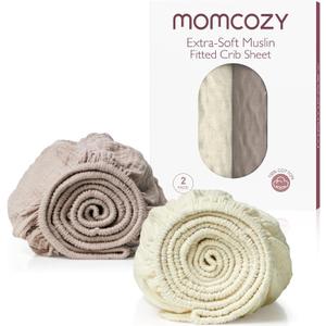 Momcozy Muslin Mini Crib Sheets Fitted - 38''x26'' Pack and Play Sheets for Pack N Play Mattress, 2 Pack Soft & Breathable Natural Cotton Non Slip Bed Cover for Boys, Girls, Beige Coffee Red