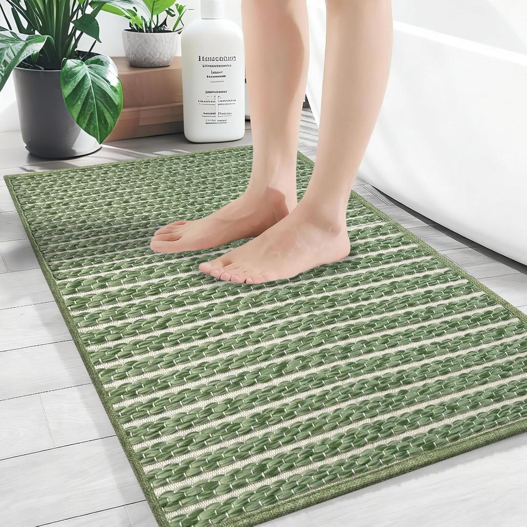 Small Bathroom Rugs,18"x30" Non Slip Sage Green Braided Bath Mat for Bathroom Floor,Washable Luxury Bath Rug for Tub Soft Boho Absorbent Shower Mat
