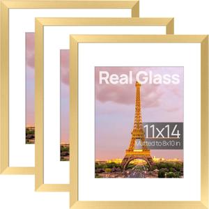 Upsimples 11x14 Picture Frame Set of 3, Made of High Definition Glass for 8x10 with Mat or 11x14 Without Mat, Wall and Tabletop Display Photo Frames, Gold