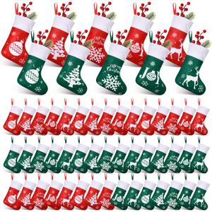 HooLing 50 Pcs 7 Inch Small Christmas Stockings Bulk Hanging Mini Stockings Ornaments Christmas Tree Decorations for Xmas Party Fireplace Holders(Green,Stylish)