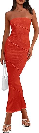 PRETTYGARDEN Women's Ribbed Maxi Bodycon Dress Summer Strapless Tube Y2K Party Club Long Dresses, Size XS
