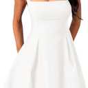 Womens Mini Party Dress Sleeveless Backless Bow Tie Square Neck Short Dress (X-Small, White)