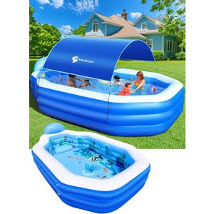 Inflatable Pool with Canopy, Large Inflatable Swimming Pool for Kids,Adult, Blow Up Pools with Seats,Backrest.Durable Thickened Inflatable Family Pools for Backyard,118"x75"x22"-Dark Blue