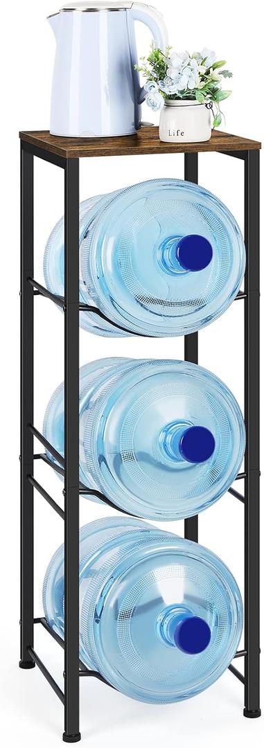 5 Gallon Water Jug Holder, Water Jug Stand with Storage Rack, 3-Tiers Water Dispenser Stand, Water Bottle Stand for Kitchen, Office, Living Room, Brown