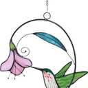 Lolitarcrafts Stained Glass Hummingbird Window Hangings with Flowers, Bird Stained Glass Suncatcher for Window Decor Hummingbird Gifts for Mom, Bird Lovers (Green with Flower A)