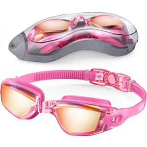 Aegend Swim Goggles, Swimming Goggles No Leaking Full Protection Adult Men Women Youth, Rose Red Sliver
