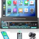 2026 Single Din Car Stereo with Apple CarPlay & Android Auto - 7 Inch Motorized Flip Out Touchscreen Bluetooth 5.1 Car Radio | Backup Camera/Mirror Link/USB/AUX/AM/FM/Subwoofer/DSP