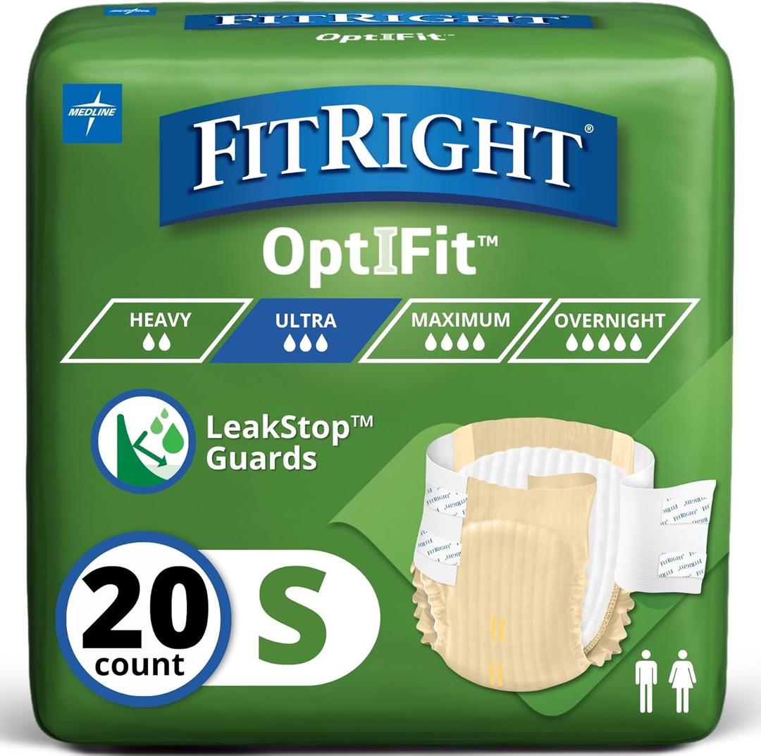 FitRight Adult Diapers, Ultra Heavy Absorbency, S (Waist Size 20in-32in), 20 Count, OptiFit Incontinence Briefs for Men and Women, Disposable, Moisture-Wicking, Leak Protection 