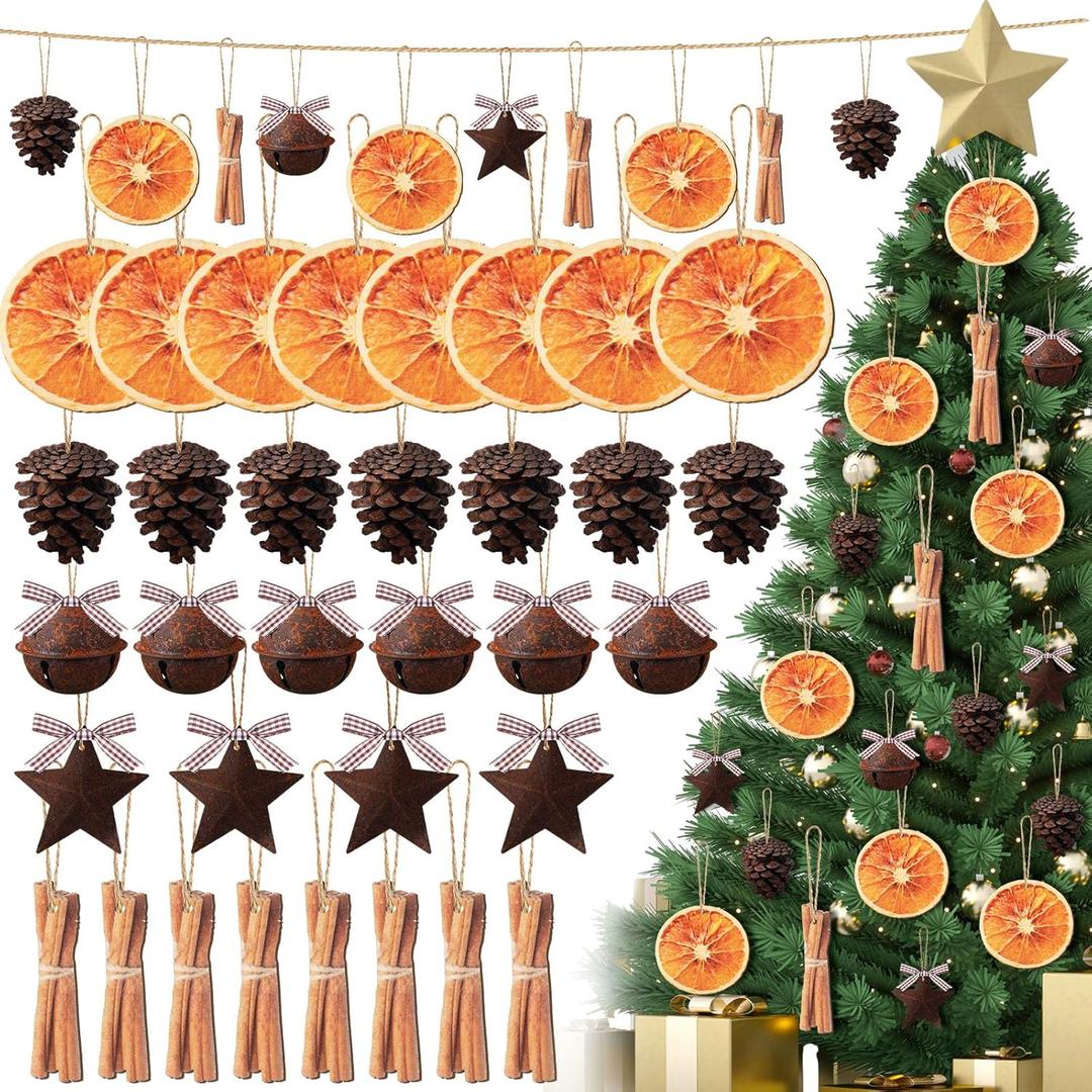 96 Pcs Christmas Tree Decorations Christmas Dried Orange Slice Ornaments Sleigh Bells Stars Pine Cones Cinnamon Farmhouse Hanging Ornament for Xmas Tree