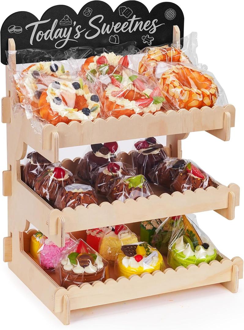 Cookie Bread Display Stand for Bakers and Suppliers, 3-Tier Wooden Dessert Stand with Chalkboard - Perfect for Displaying Cookies, Cupcakes & Pastries at Market Stalls and Party Events