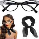 HIYMDOIT 50's Costume Accessories Set for Women 1950s Vintage Chiffon Neck Scarf Rhinestone Cat Eye Glasses for Cosplay Party