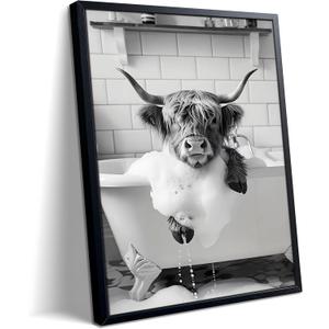 Highland Cow Bathroom Wall Art, Cute Black and White Animal Wall Decor Painting, Highland Cow in Bathtub Farmhouse Canvas Print Picture, Funny Bathroom Restroom Decor 8x10 Inch Wood Framed
