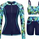 Women 3 Piece Rash Guard - Long Sleeve Swimsuit Built in Bra Swim Shirt Zip Bathing Suit with Pocket Shorts (Medium, Blue Leaves)
