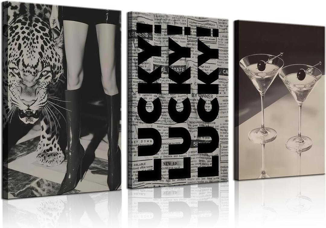 Trendy Leopard Canvas Wall Art Fashion Cheetah Lucky Martini Wall Decor Pictures Funky Vintage Preppy Luxury Aesthetic Posters Prints for Girly Bedroom Apartment Dorm Decoration 16x24in