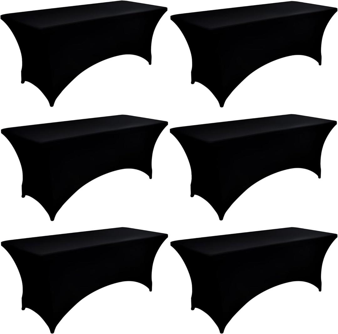 6-Pack 6 Ft Black Spandex Table Covers For Rectangle Standard Folding Tables - Wrinkle Resistant Stretch Tablecloths - Ultimate Fitted Table Protector For Parties, Trade Shows, Wedding