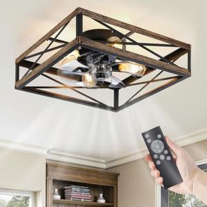 LEDIARY 20 Caged Flush Mount Ceiling Fans with Lights and Remote, Rustic Square Low Profile Ceiling Fan, 6 Speed and Reversible, Small Farmhouse Bladeless Ceiling Fan for Bedroom, Kitchen,Dining Room (Black and Brushed Gold)