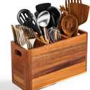 Extra Large Utensil Holder for Kitchen Counter, Acacia Wooden Utensil Holder with 4 Compartment, Kitchen Counter Organizer for Storage Spatula and Silverware, Ideal Christmas Gift for Farmhouse Decor