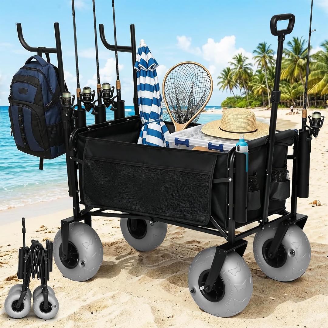 Fishing Cart Beach Wagon for Sand, Heavy Duty Foldable Beach Cart, 9" All-Terrain Wheels, Collapsible Wagon with Rod Holders & Side Pockets, Large Capacity Cargo for Fishing, Camping, Outdoor (Black)