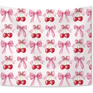 KAIOUS Pink Bow Cherry Tapestry, Preppy Coquette Wall Hanging Tapestries for Bedroom Living Room Dorm Girls Room Home Decor 50x58 Inches