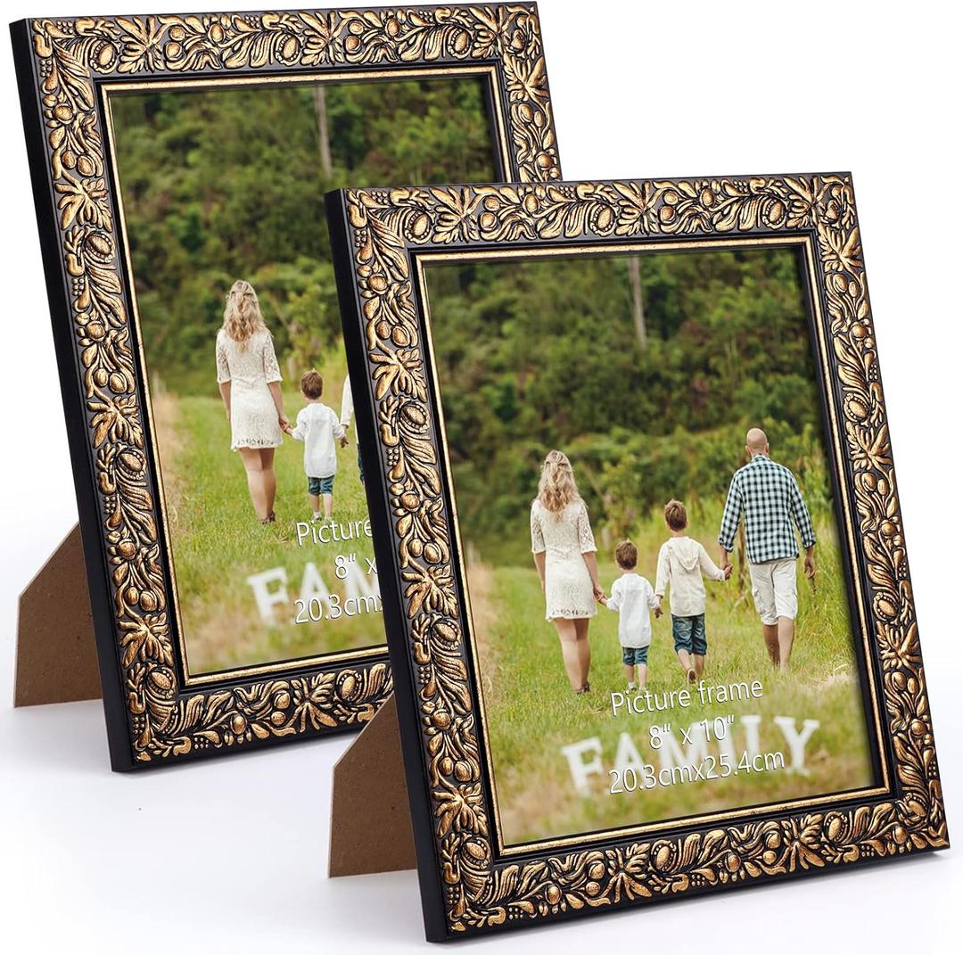 Edenseelake 8x10 Picture Frames Set of 2, Vintage Flower Relief Photo Frame 8 by 10 for Tabletop or Wall Display, Black-Gold (8x10 inch)