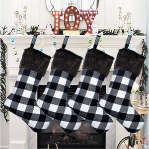 Senneny Christmas Stockings- 4 Pack 18" Black White Buffalo Plaid Christmas Stockings with Plush Faux Fur Cuff, Classic Large Christmas Stockings Decorations for Family Christmas Holiday Party Decor