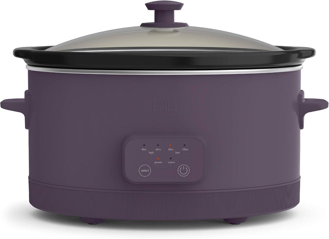 bella 6.0 Qt Programmable Slow Cooker, Ceramic Nonstick Coating, Adjustable Temperature & Cooking Times, Dishwasher Safe Stoneware Pot & Tempered Glass Lid, Tangle Free Cord Wrap, Plum, 6 Quarts