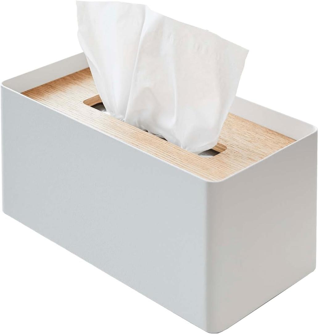 Yamazaki Home Rin Reusable Tissue Box Cover Metal Holder Container Case with Natural Wooden Lid - Steel (One Size, Ash)