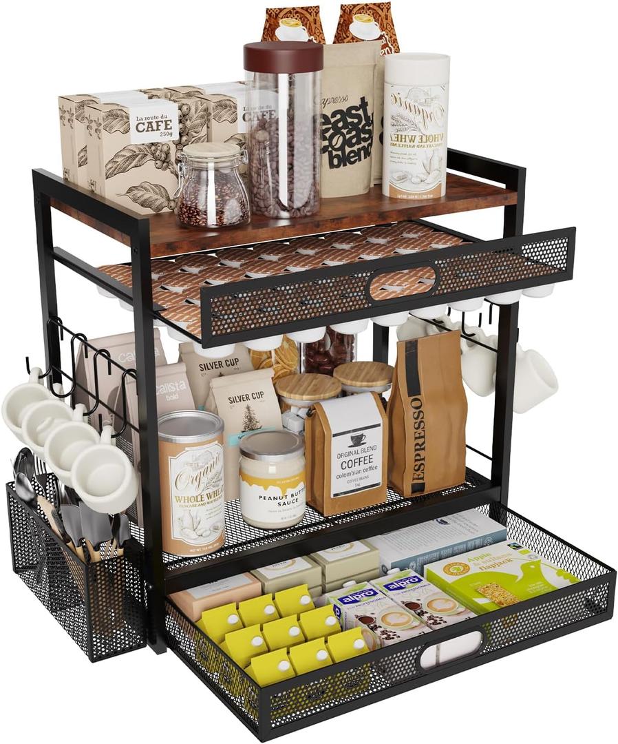 Coffee Bar Organizer Station with CoffeePod Drawer Mug Cup Holder and Tea Condiment Storage for Countertop Organizer CoffeeBar Accessories for Kitchen,Home,Office 9.9"D x 16.6"W x 16.5"H