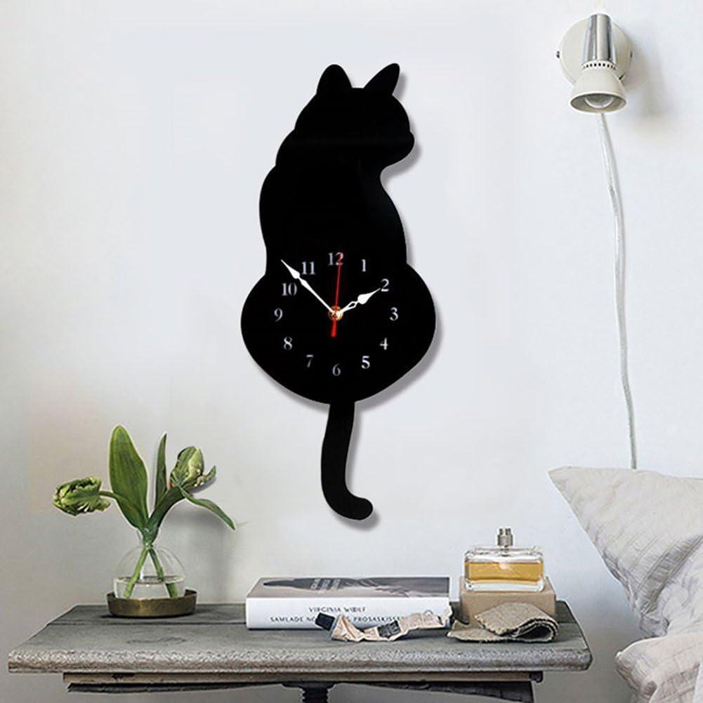 Topkey Wall Clock Creative DIY Cat Acrylic Wall Clock with Swing Tail Pendulum for Living Room Bedroom Kitchen Home Dcor - Battery Not Included (42CM x 18CM) Black