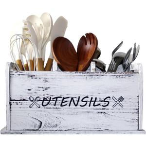 Utensil Holder Rustic Wood White Large Farmhouse Spatula Organizer for Kitchen counter Farmhouse,Countertop,Cooking Tools Storage (White)