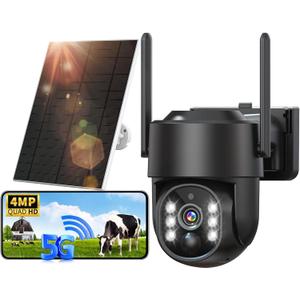 Solar Security Cameras Wireless Outdoor, 5G/2.4G Solar WIFI Cameras for Home Security, Battery Powered Outside Camera, Human Detection, Color Night Vision, 2-Way Talk for home Porch/Garage/Yard (Black One CAM)