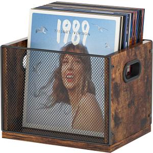 Vinyl Record Storage Crate, Cube Record Holder Storage 70+ Records, Metal & Wooden Vinyl Storage Record Display Organizer with Handles, Rustic Brown