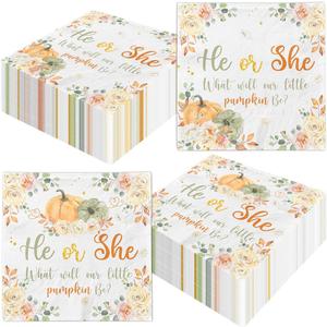Fall Gender Reveal Napkin - He or She Pumpkin Floral Party Decorations, What Will Our Little Pumpkin Be? Disposable Paper Napkins for Autumn Thanksgiving Baby Shower Supplies