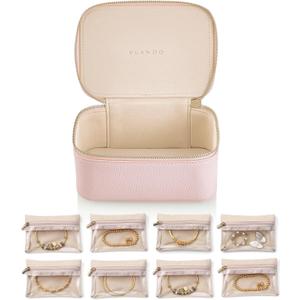 Vlando Jewelry Travel Case,Travel Jewelry Organizer with Clear Velvet Jewelry Bags 8Pcs Zipper Pouch for Women Girl Gift-Pink