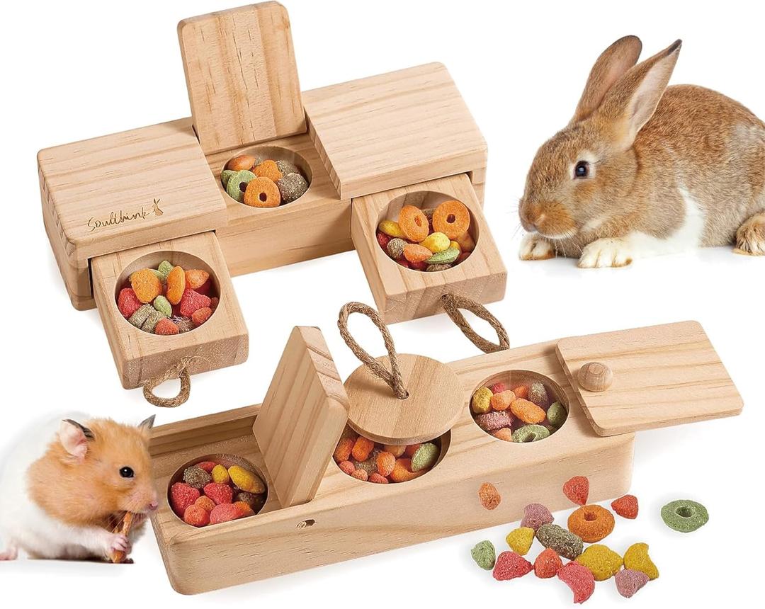 SoulThink Interactive Wooden Pet Rabbit Toys - Sniff n' Snack Bunny Chew Toys for Rabbit Treats, Suited as Guinea Pig, Hamster for Boredom, Bunny Toys for Rabbits Keep Busy (2 Sets)