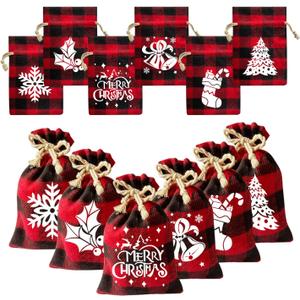 FOIMAS 36pcs Christmas Buffalo Plaid Drawstring Gift Bags Xmas Snowflake Gift Treat Bag Candy Sack for Christmas Gift Wrapping Party Favor Supply (Red 2)