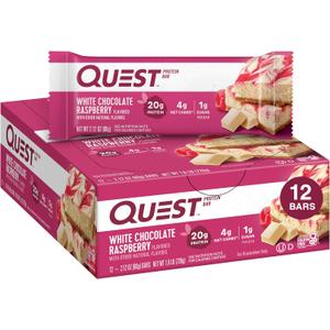 Quest Nutrition White Chocolate Raspberry Protein Bars, 20g Protein, 1g Sugar, 5g Net Carb, High Fiber, Gluten Free, Keto Friendly, 12 Count (EXP 03/19/26)