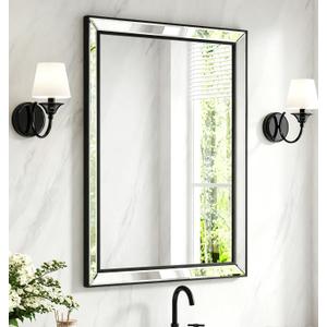30X22 Inch Black Bathroom Mirror with Double Layer Beveled Edge, Framed Rectangular Vanity Wall Bathroom Mirrors for Over Sink, Bedroom, Living Room, and Hotel, Anti-Corrosion & Easy to Install