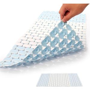 Fratillico - Non-Slip Shower Mat with Suction Cups - Quick Dry Bathtub Mat with Drain Holes - Machine Washable PVC Bathroom Mat (Blue 15.74" x 28.74")
