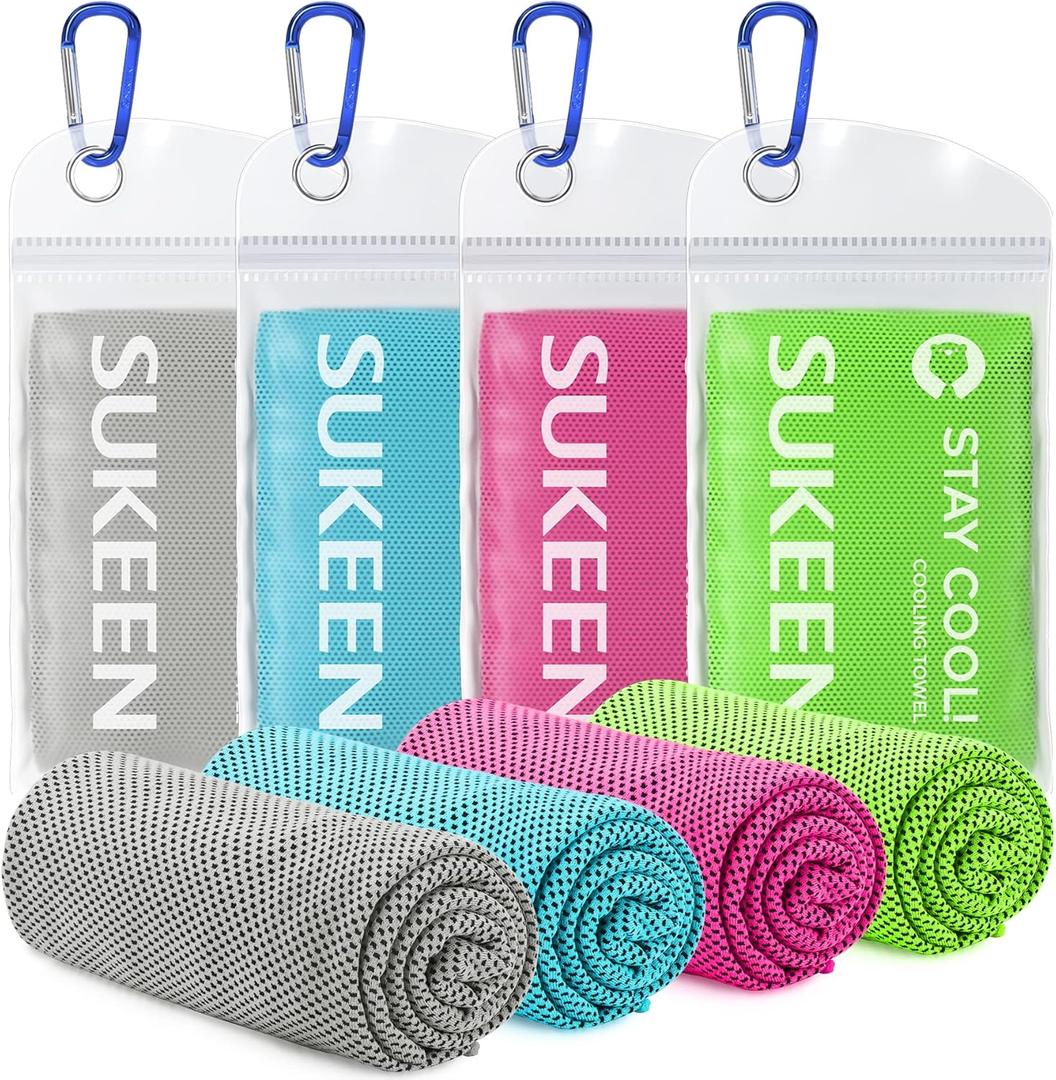 Sukeen 4pack Cooling Towel (40"x12"), Ice Towel,Soft Breathable Chilly Towel,Microfiber Towel for Yoga,Sport,Running,Gym,Workout,Camping,Fitness,Workout & More Activities (Grey/Green/Pink/Lake Blue)