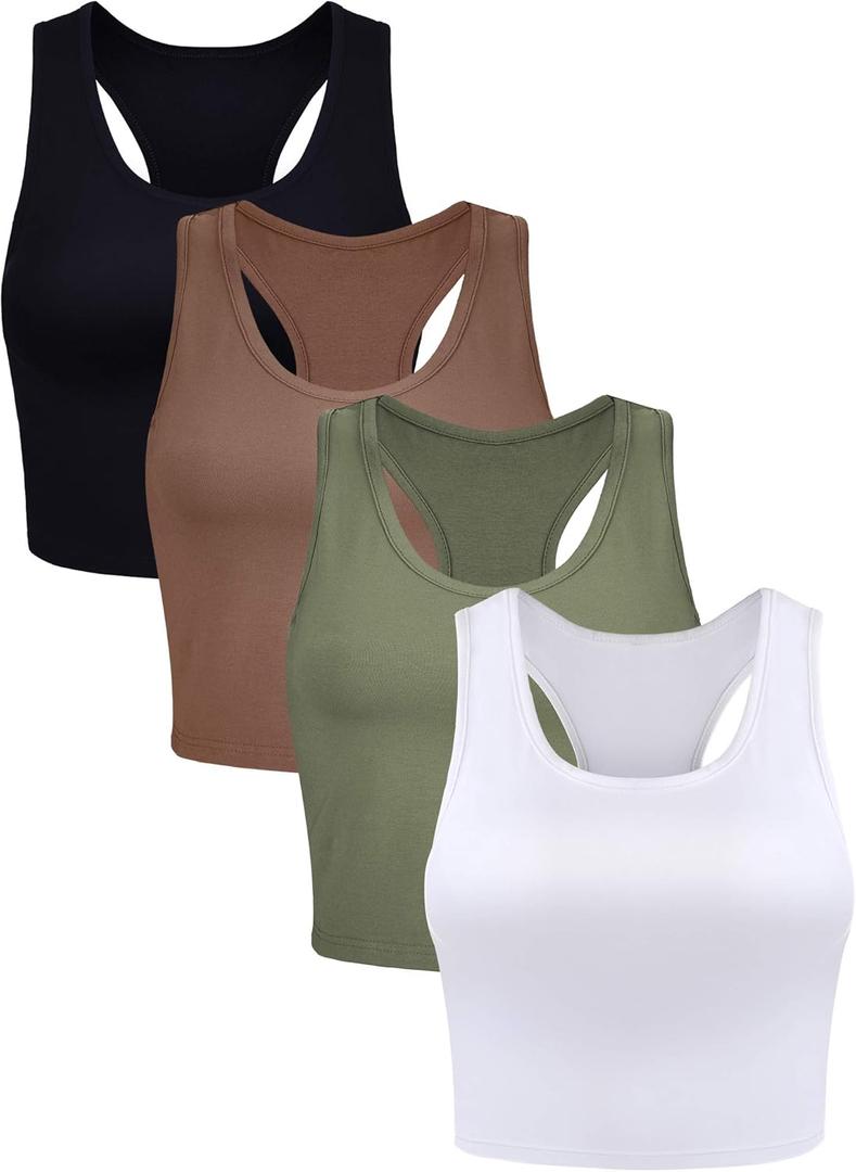 Boao 4 Pieces Basic Crop Tank Tops Sleeveless Racerback Crop Top for Women (Medium, Black, White, Army Green, Coffee)