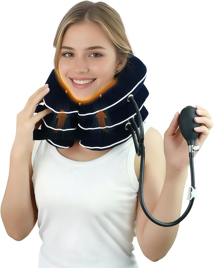 DIIKEN Cervical Neck Traction Device for Home Use Pain Relief, Neck Stretcher, Inflatable Support Neck Brace Adjustable, Neck Stress Relief&Relaxation Metal Valve TPU Liner with Air-Tightness(Blue)