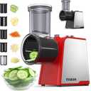 Electric Cheese Grater, 300W DC Motor Rotary Cheese Grater with 5 Different Shapes of Blades, Vegetable Cutter for Potato, Nuts, Kitchen Chopper with Non-slip Suction Base, Red