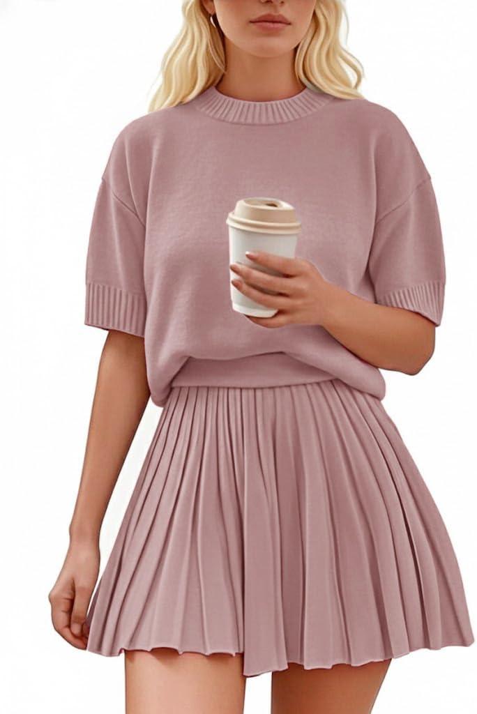 Womens 2 Piece Outfits 2026 Short Sleeve Crewneck Knit Tops And Pleated Mini Skirt Two Piece Sets (Pink, XS)