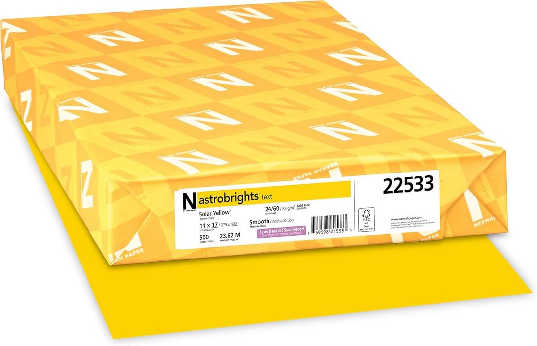 Astrobrights Color Paper, 24 lb Bond Weight, 11 x 17, Solar Yellow, 500/Ream