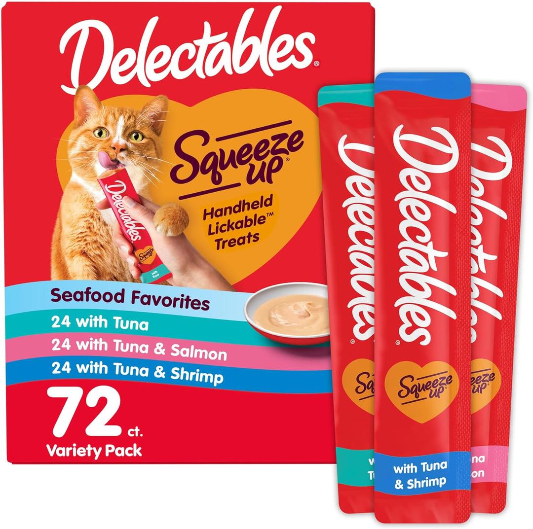Delectables Squeeze Up Seafood Variety Pack, Creamy Squeezable Puree, Lickable Wet Cat Treats, Grain Free, No Added Fillers, No by-Products, No Added Preservatives, 0.5 Ounces Tube, 72 Tubes Total (EXP 03/11/27)
