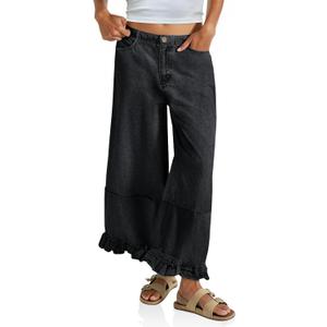 Cicy Bell Womens Ruffle Wide Leg Jeans Cropped Elastic High Waisted Baggy Denim Pants with Pockets (Black, S)